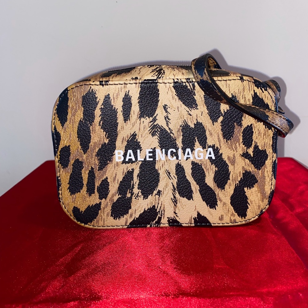 Balenciaga Calfskin Logo Printed Leopard XS Everyday Camera Bag